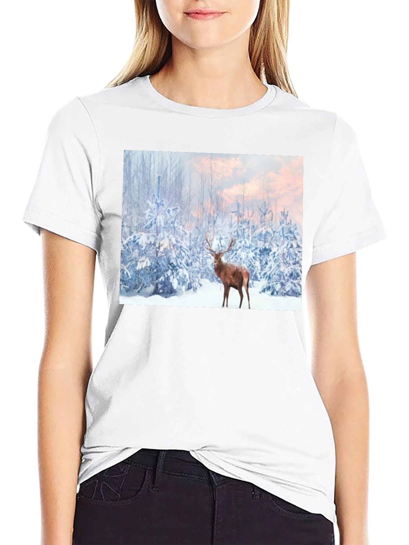 Winter Deer Scene Black T-Shirt