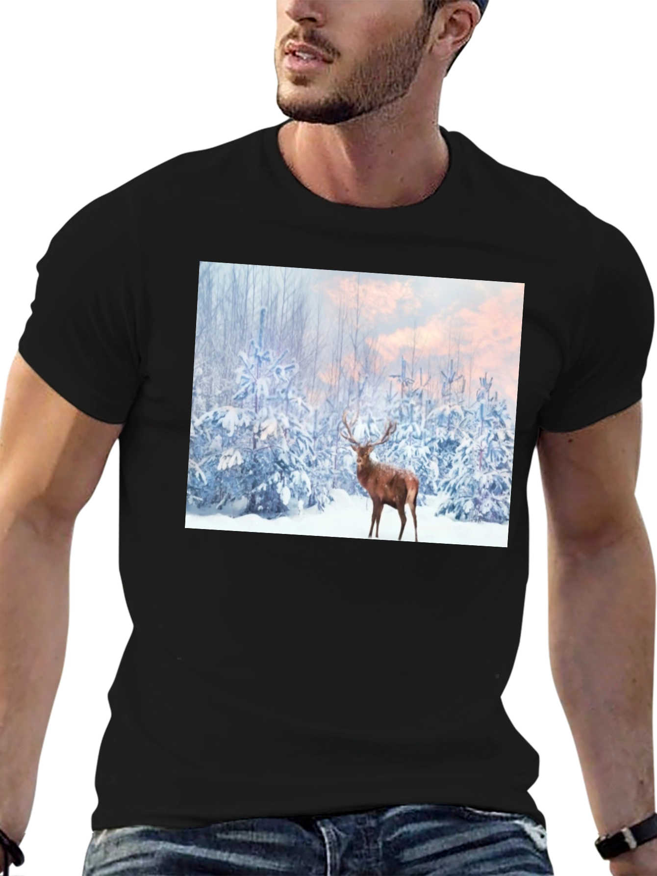 Winter Deer Scene Black T-Shirt
