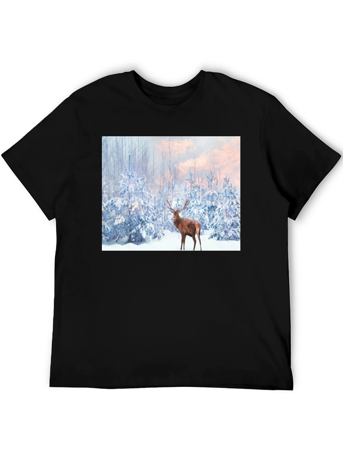 Winter Deer Scene Black T-Shirt