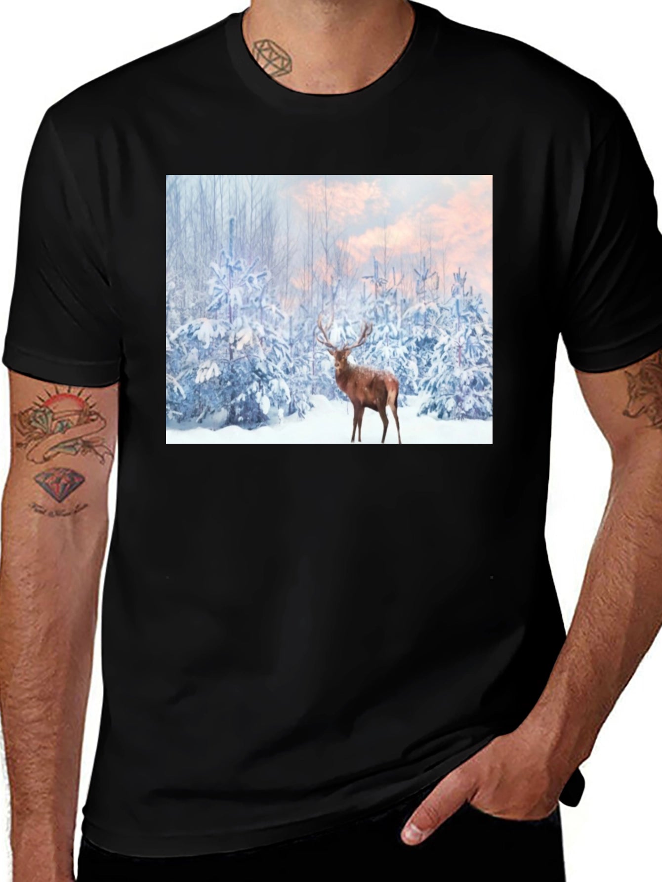 Winter Deer Scene Black T-Shirt