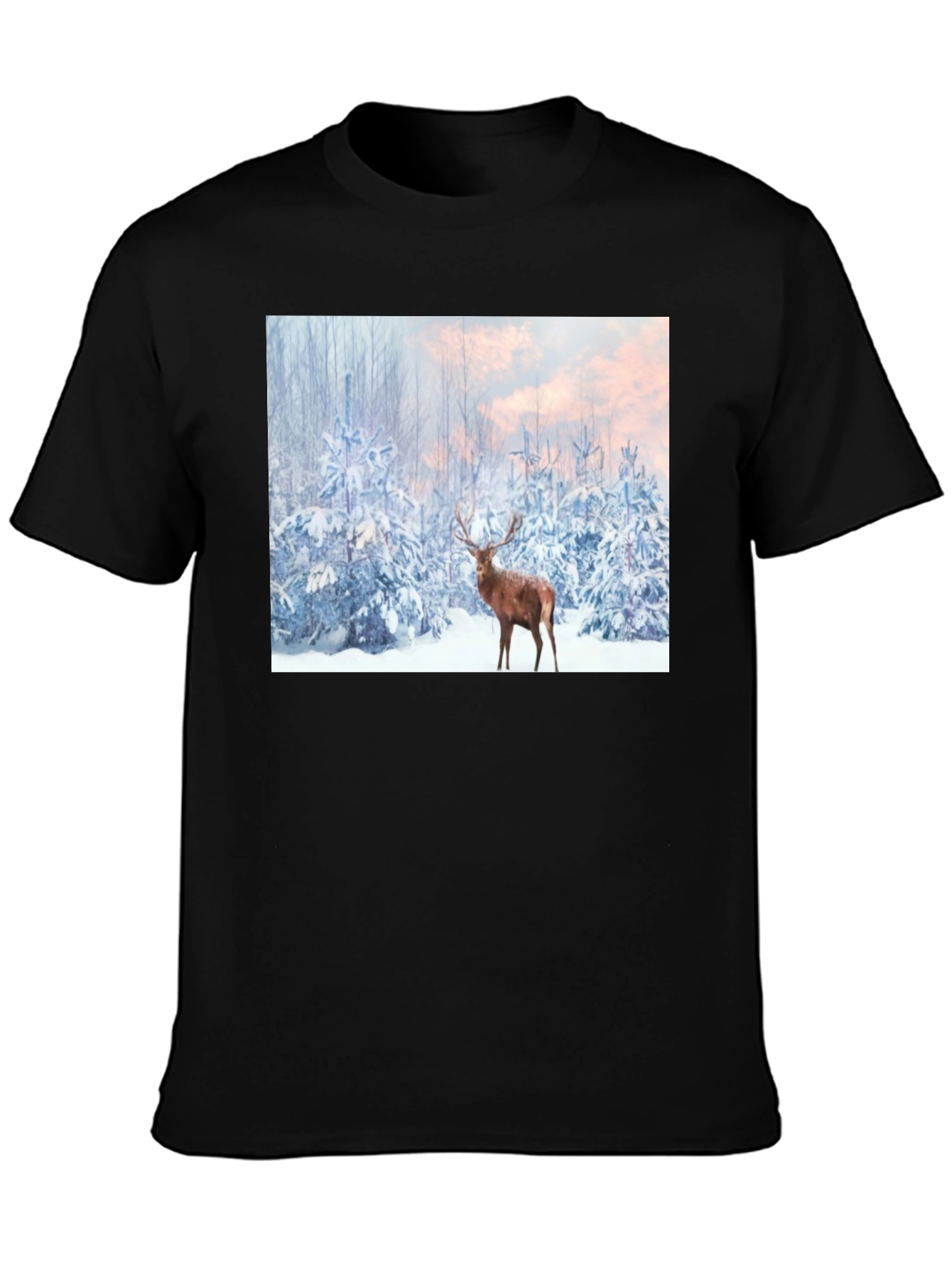 Winter Deer Scene Black T-Shirt