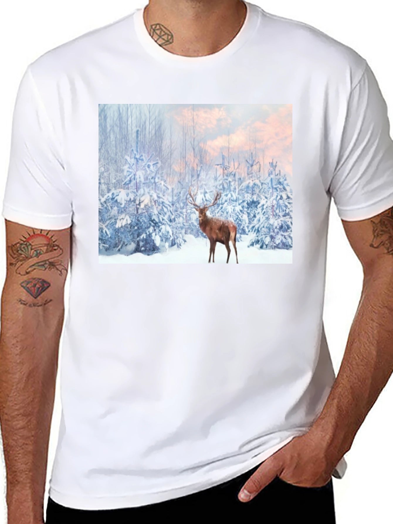 Winter Deer Scene Black T-Shirt