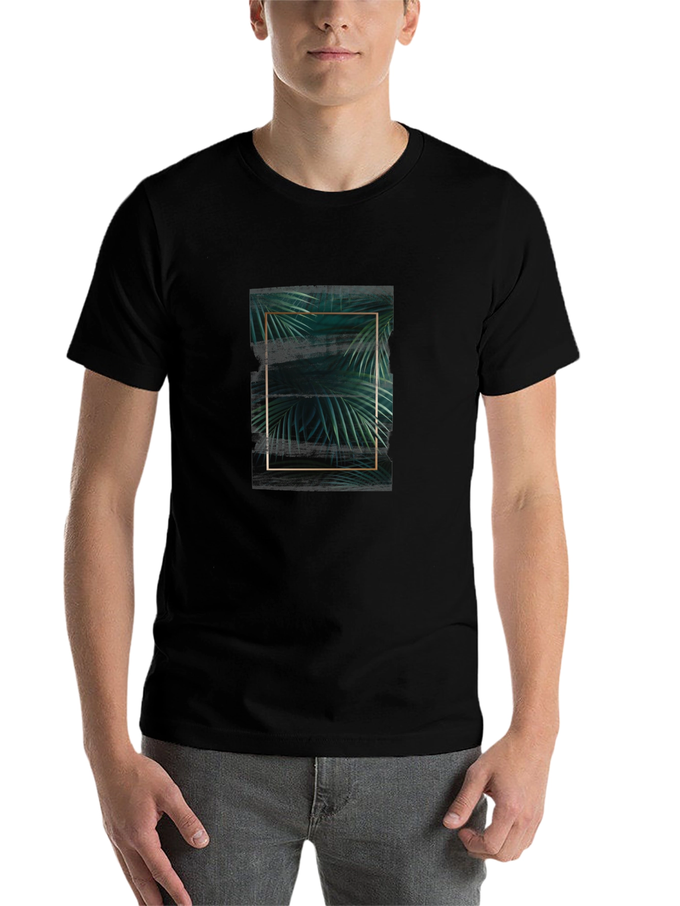 Stylish Black Tee with Tropical Leaf Graphic