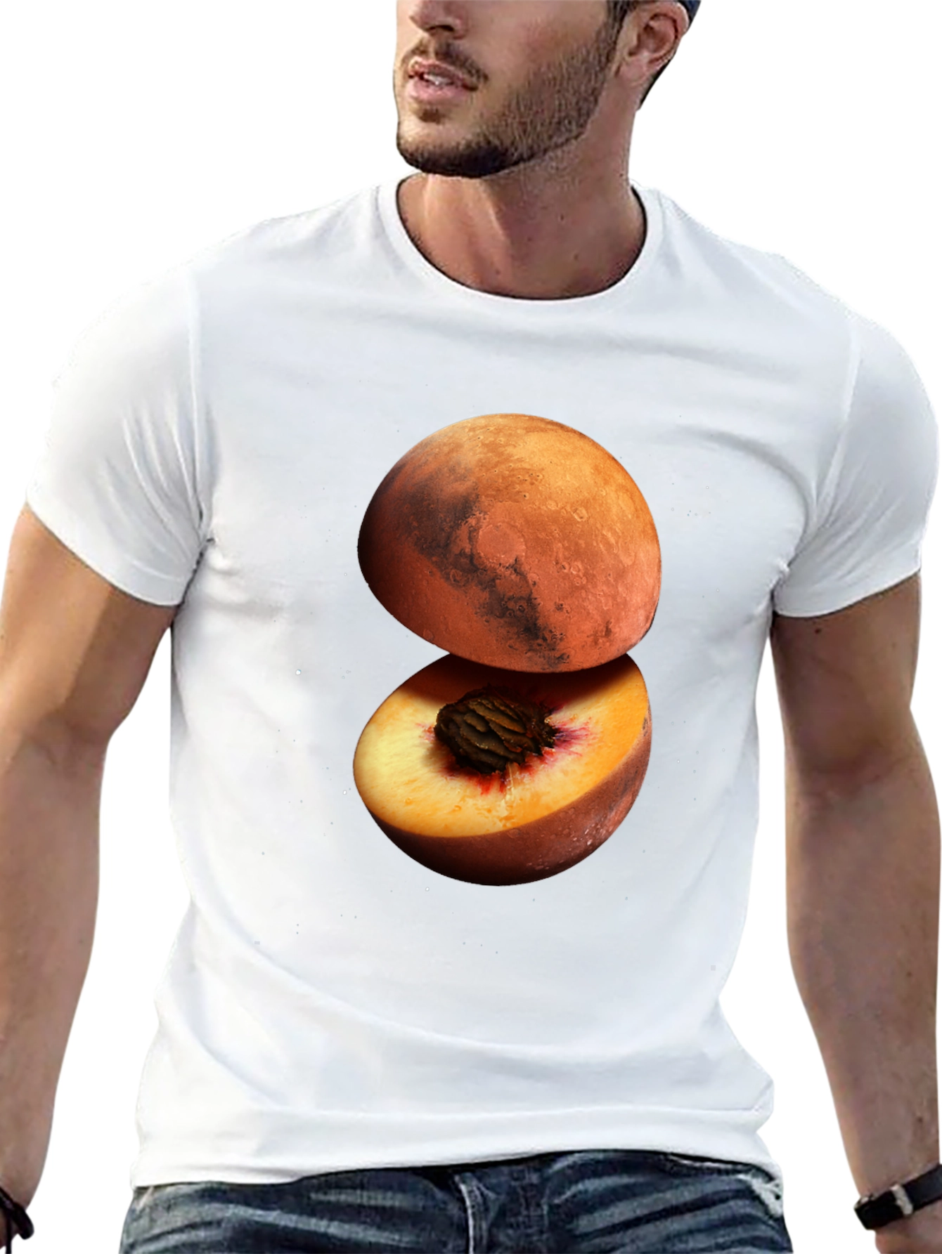 Mars Peach Graphic Tee - Unique Space Fruit Design