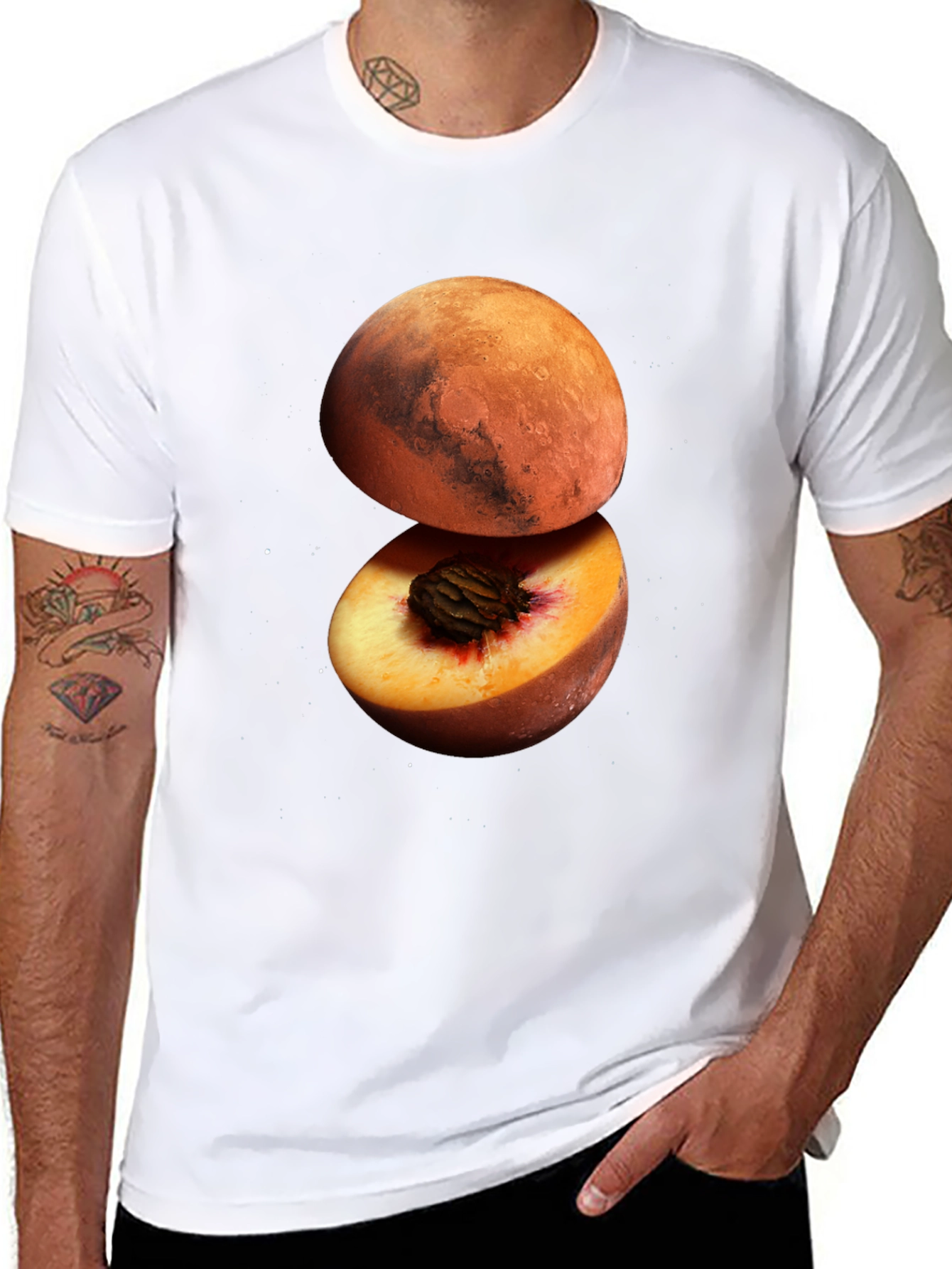 Mars Peach Graphic Tee - Unique Space Fruit Design