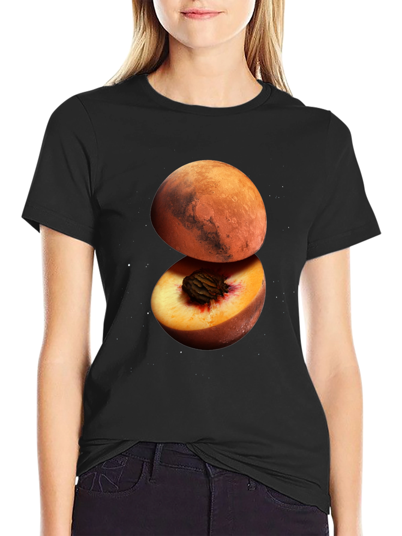 Mars Peach Graphic Tee - Unique Space Fruit Design