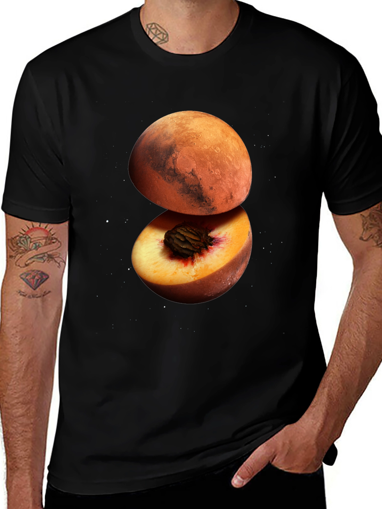 Mars Peach Graphic Tee - Unique Space Fruit Design