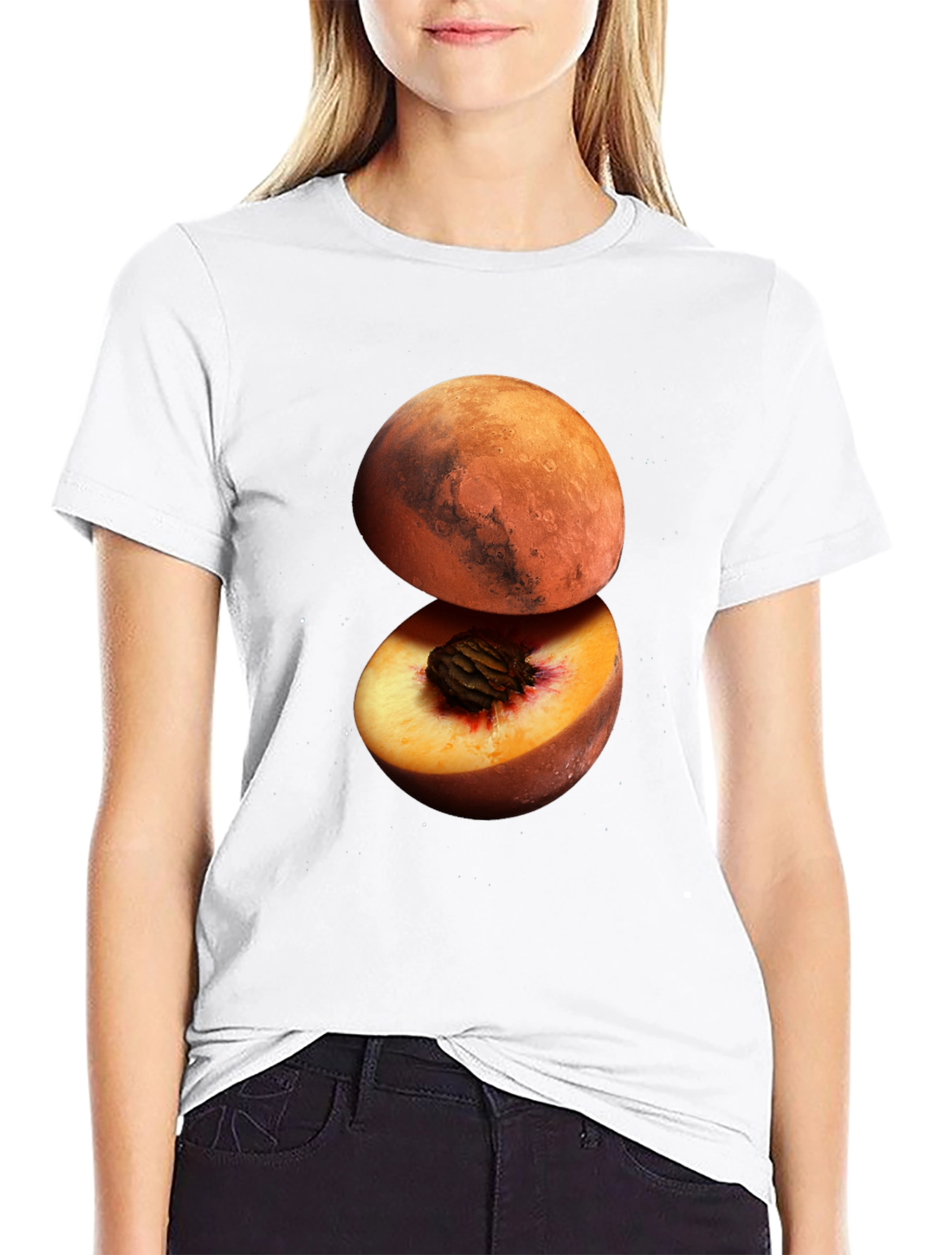 Mars Peach Graphic Tee - Unique Space Fruit Design