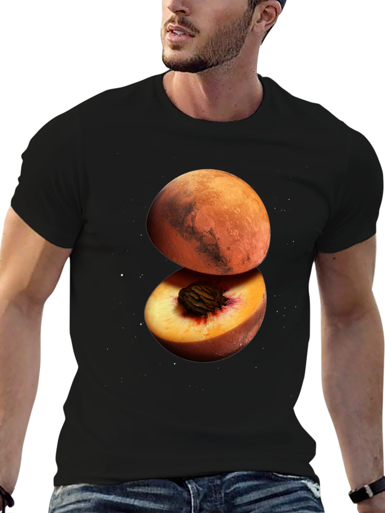 Mars Peach Graphic Tee - Unique Space Fruit Design