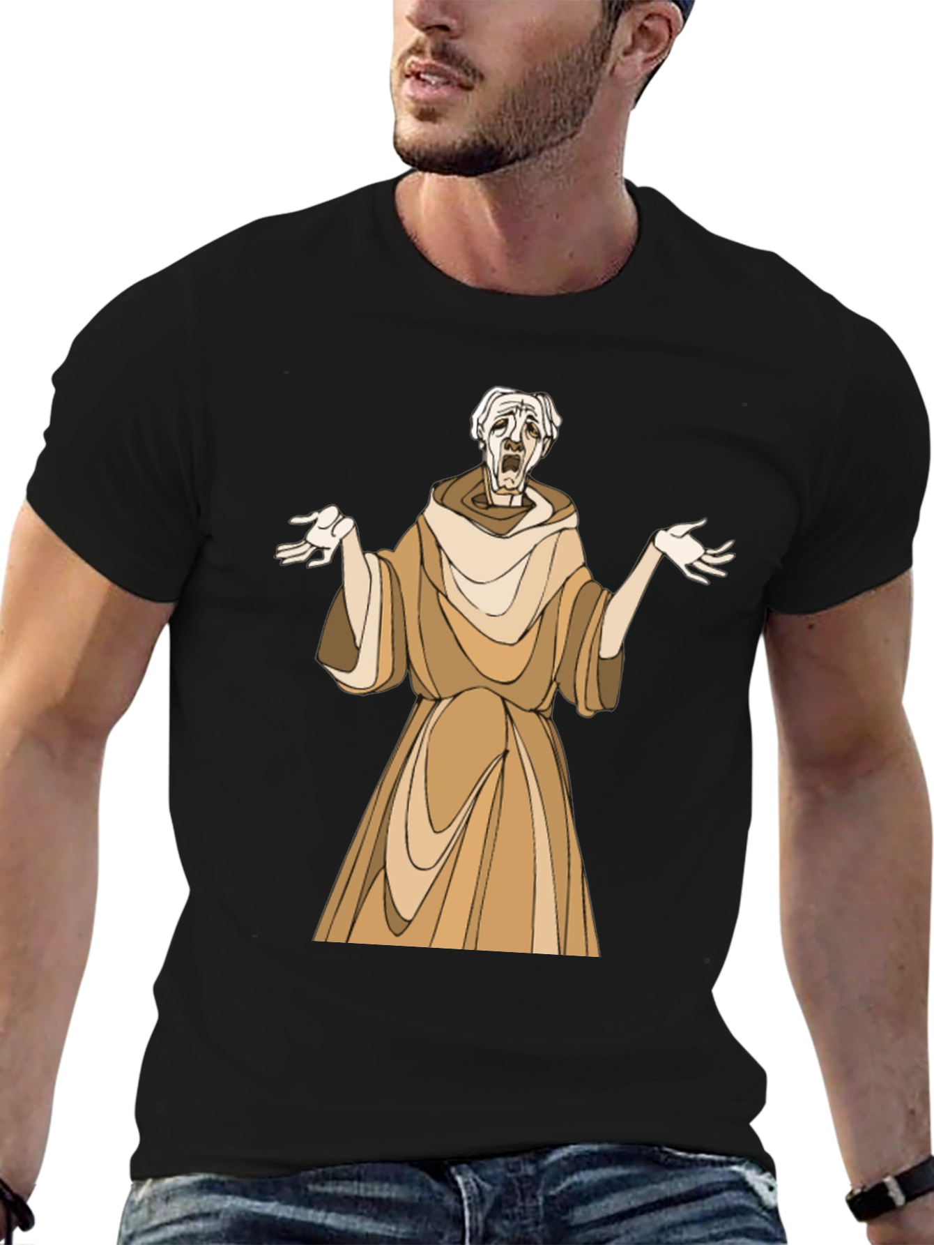 Cartoon Monk Graphic Print Black T-Shirt