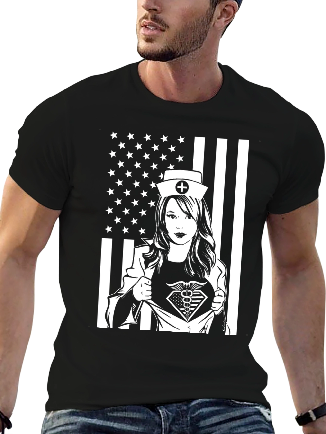 Nurse Superhero USA Flag T-Shirt - Black