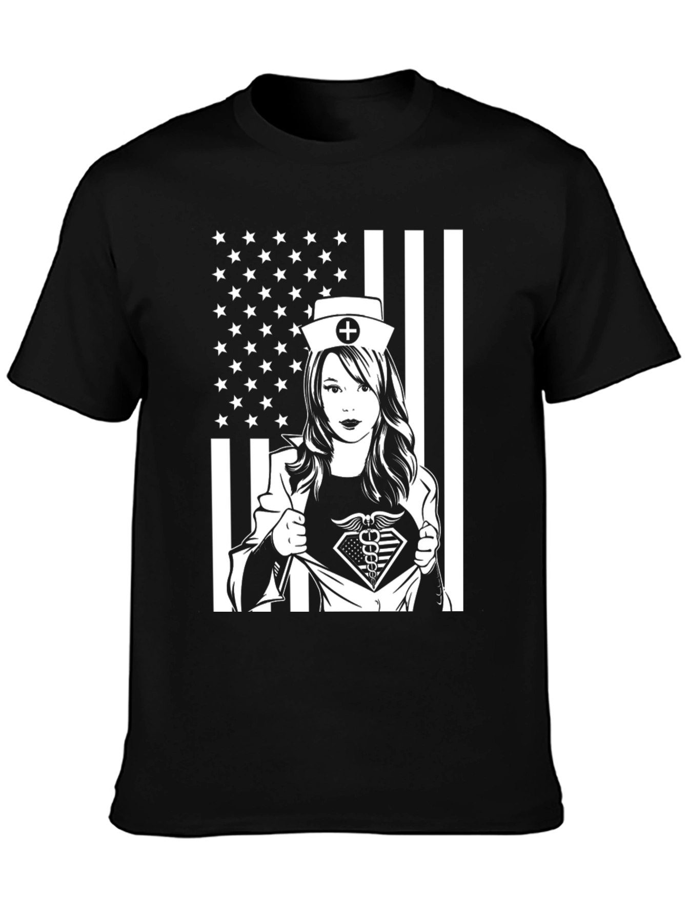 Nurse Superhero USA Flag T-Shirt - Black