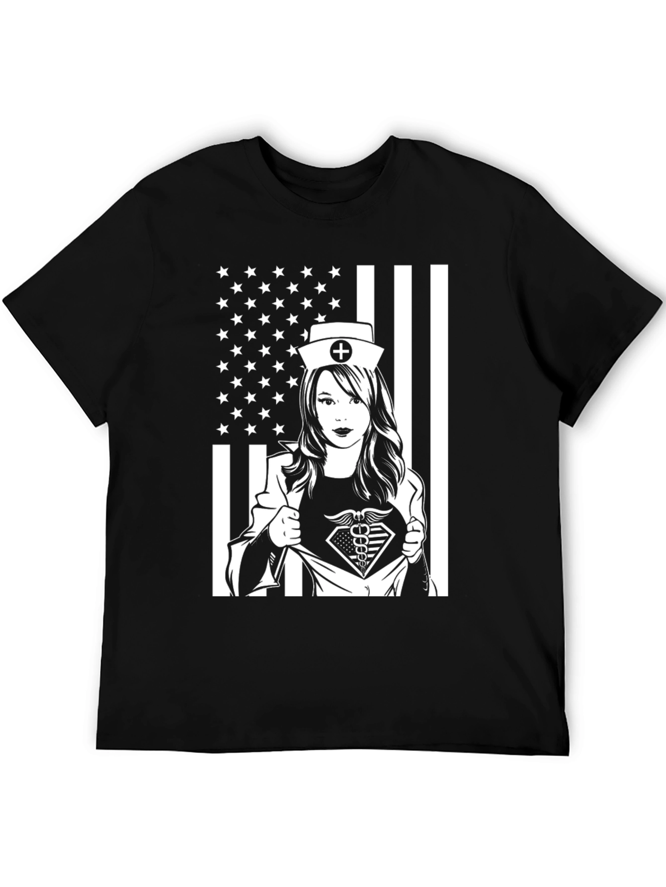 Nurse Superhero USA Flag T-Shirt - Black