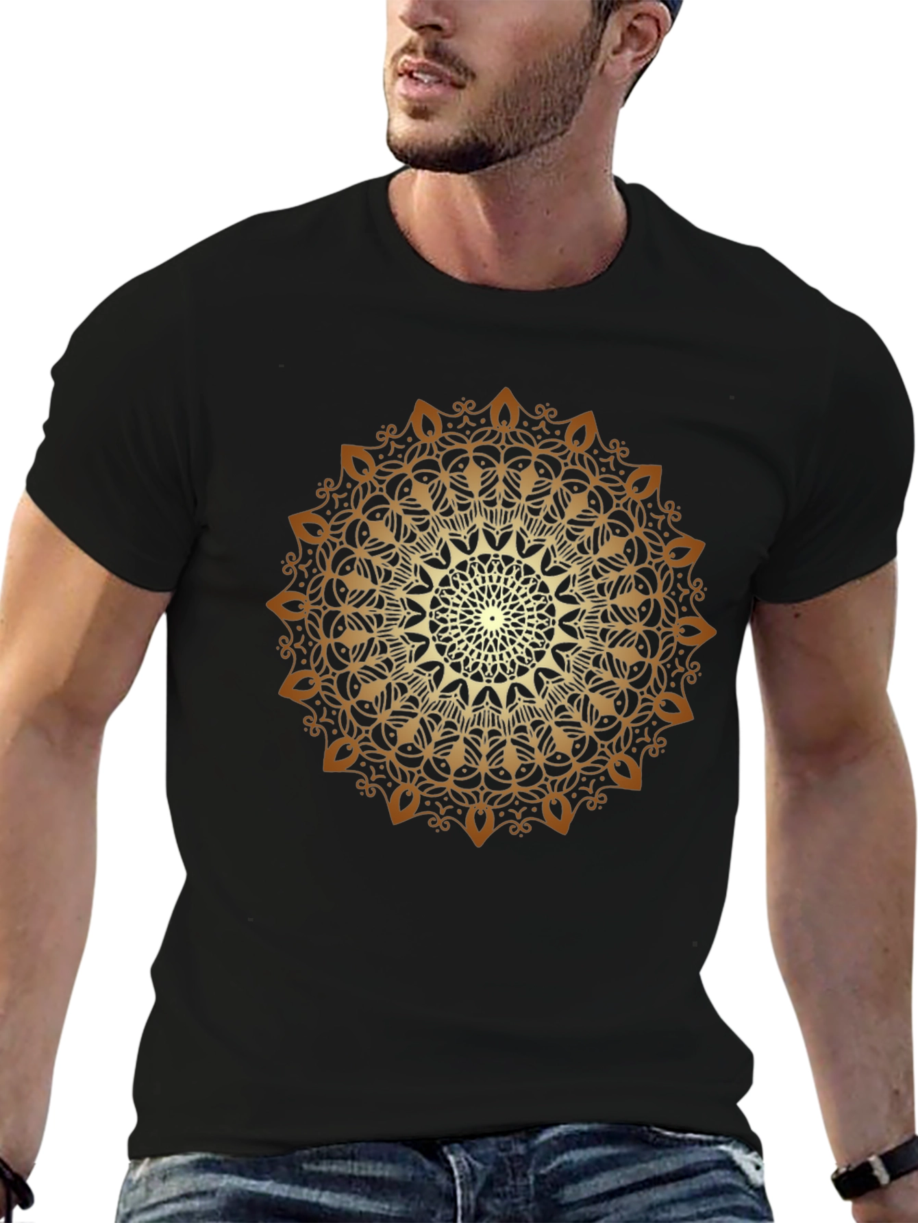 Golden Mandala Print Black T-Shirt