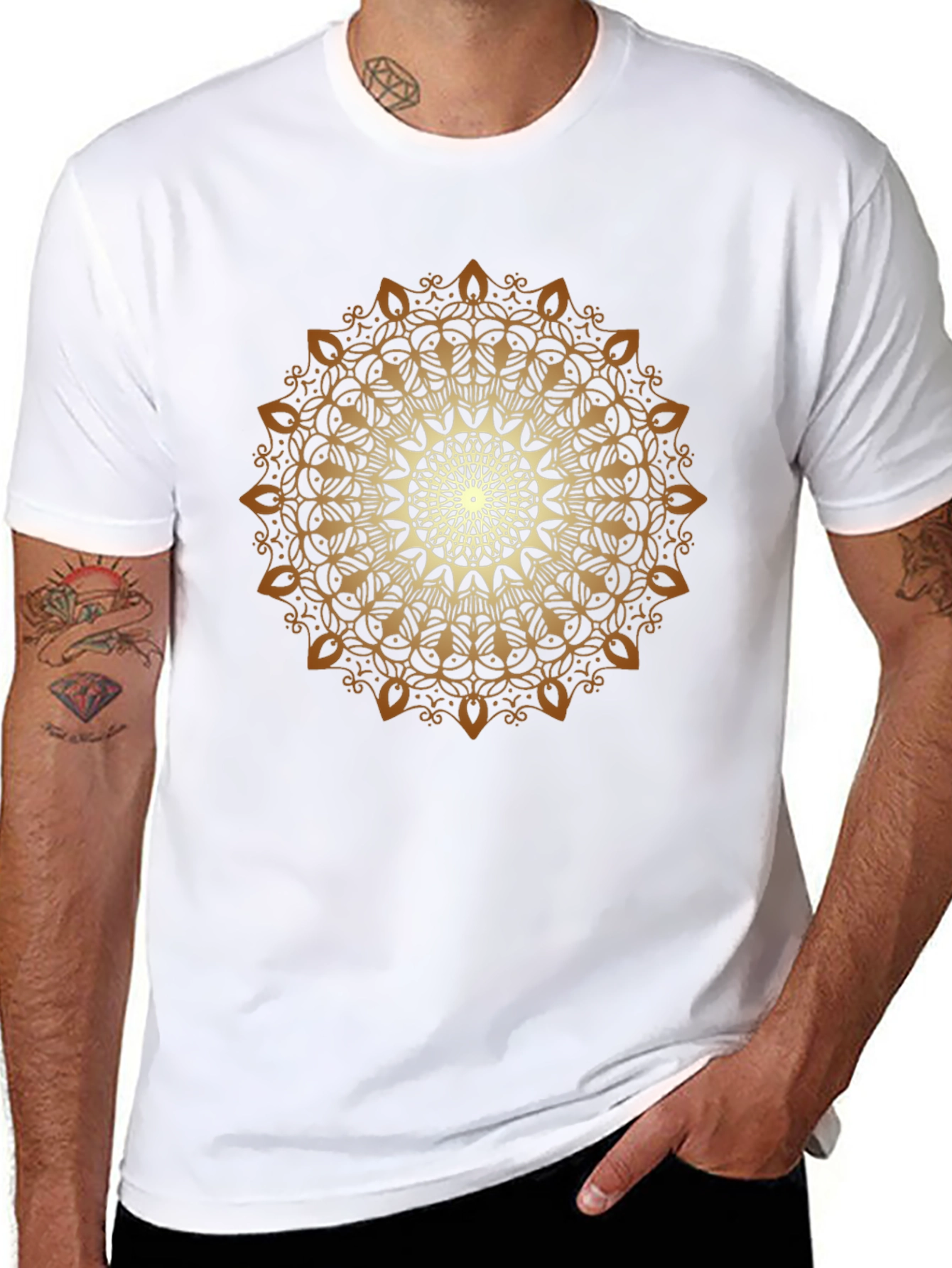 Golden Mandala Print Black T-Shirt
