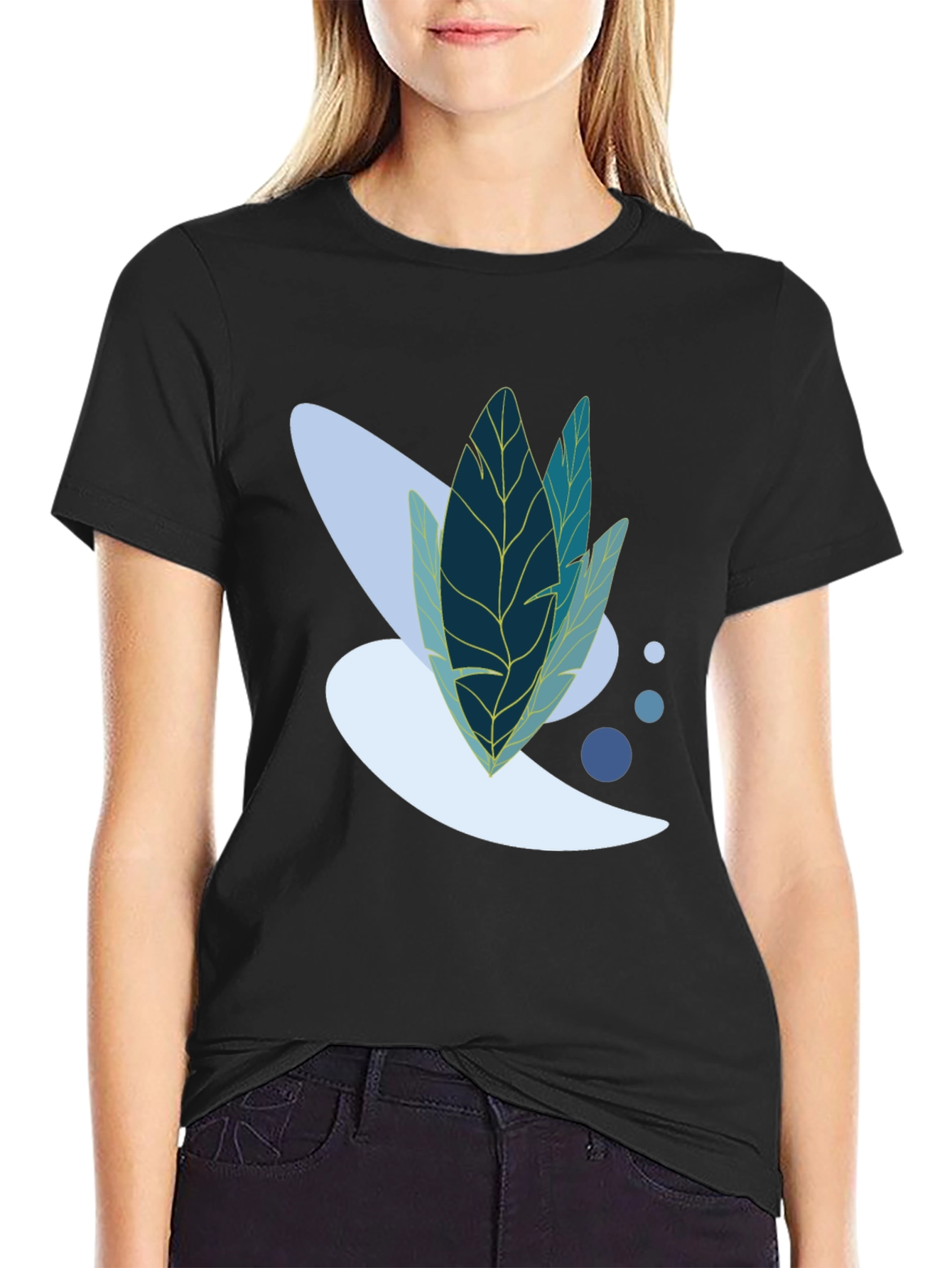 Modern Leaf Design Black T-Shirt