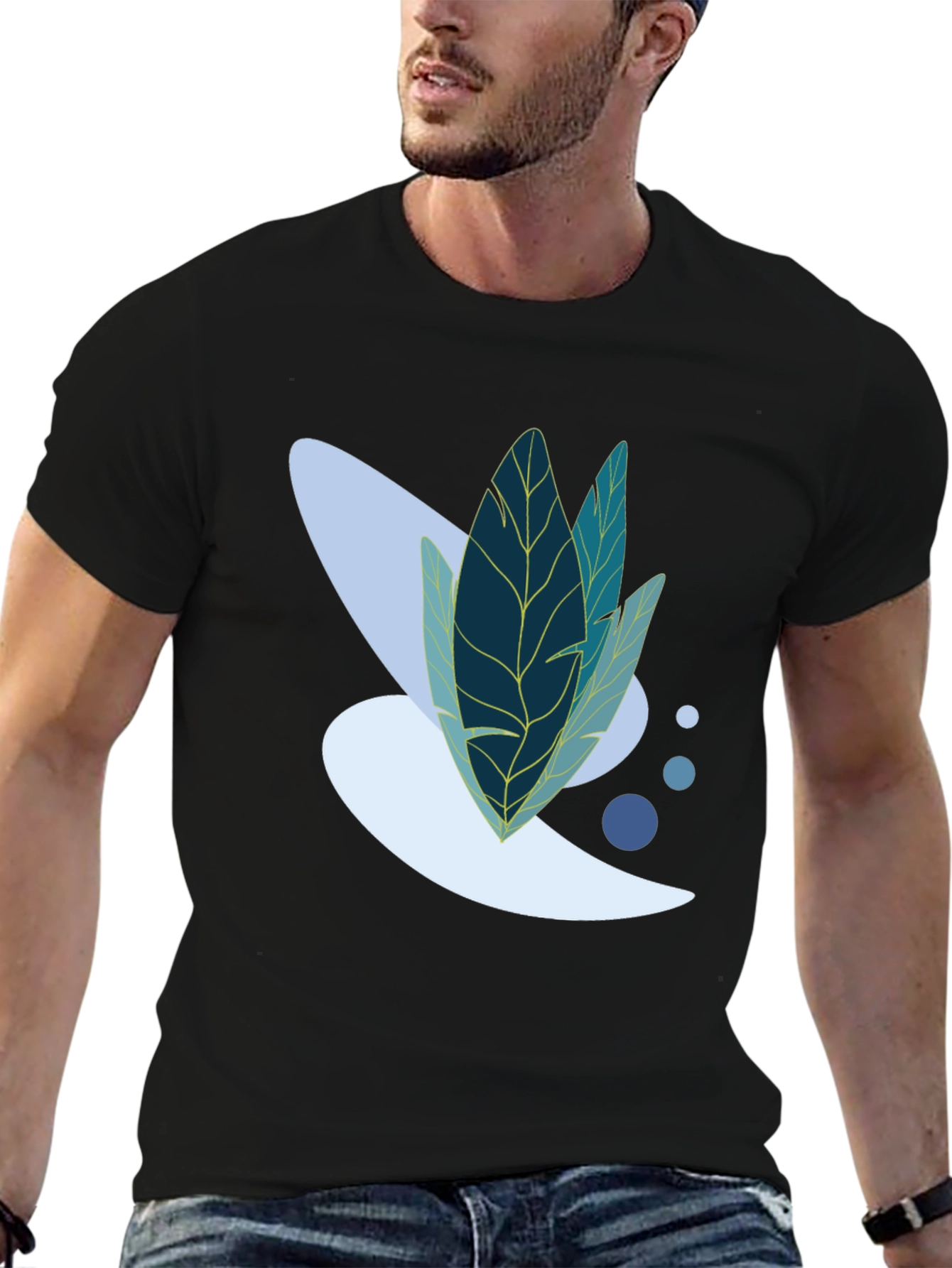 Modern Leaf Design Black T-Shirt
