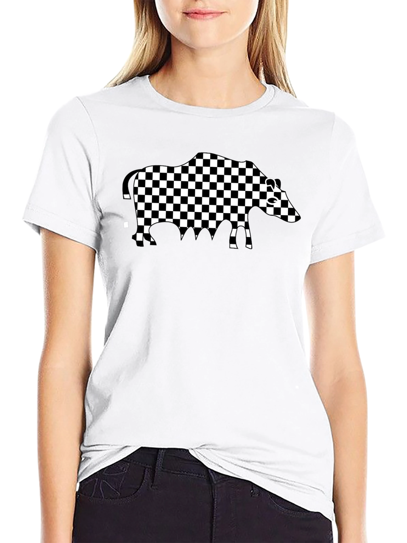 Checkered Boar Graphic Tee - Casual Black T-Shirt