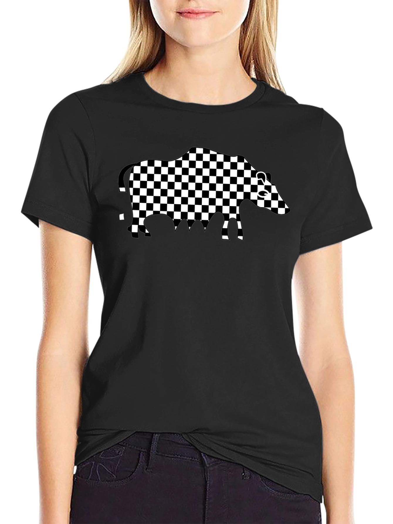 Checkered Boar Graphic Tee - Casual Black T-Shirt