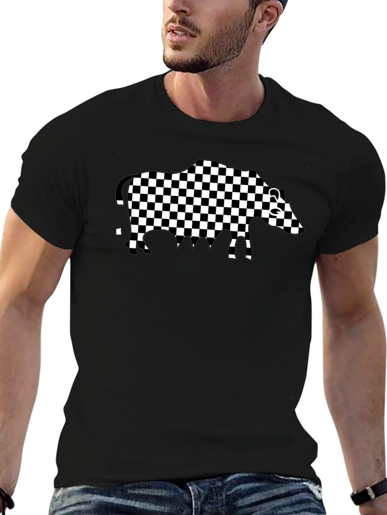 Checkered Boar Graphic Tee - Casual Black T-Shirt