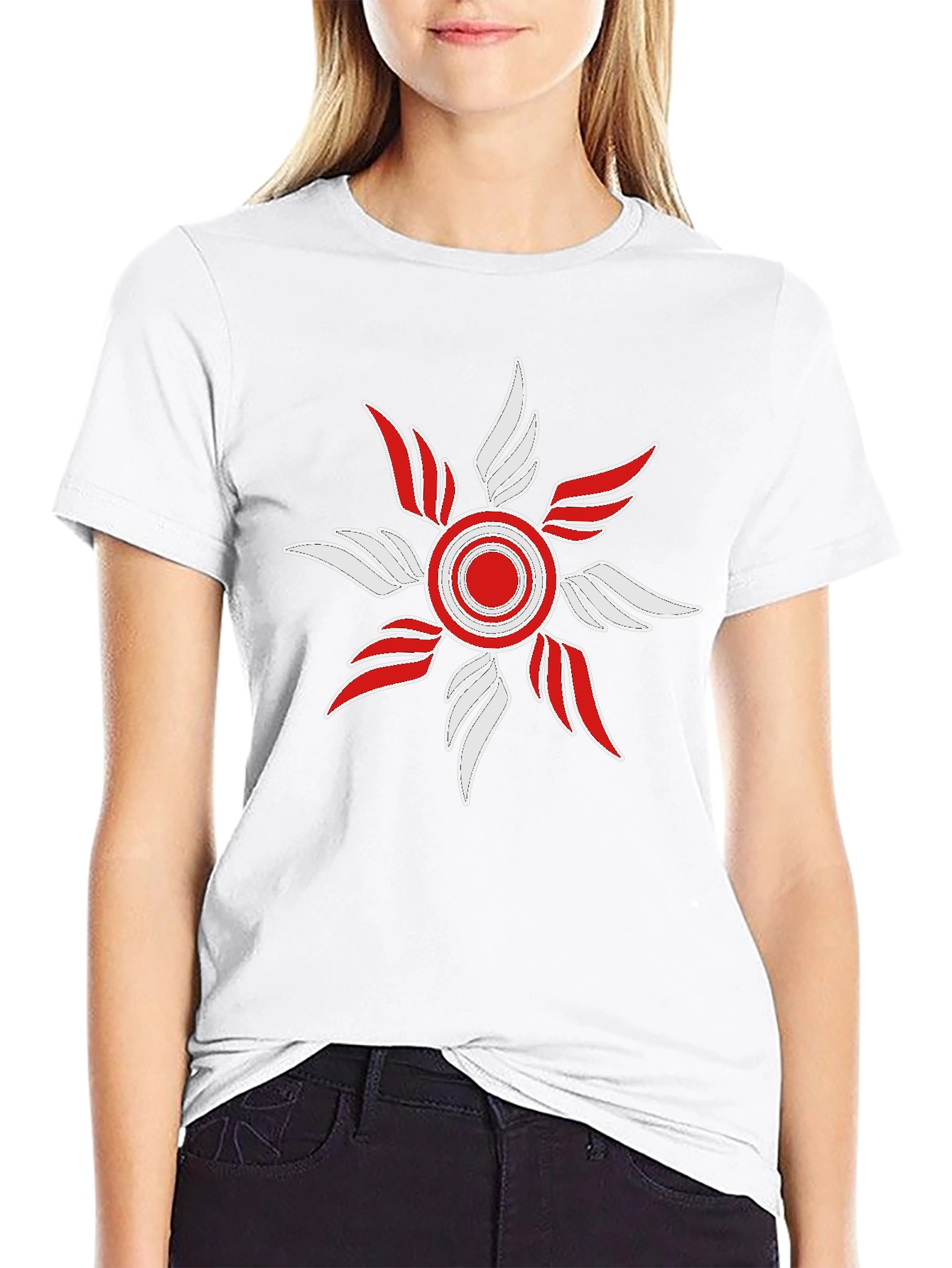 Black Tee with Red & White Sunburst Graphic