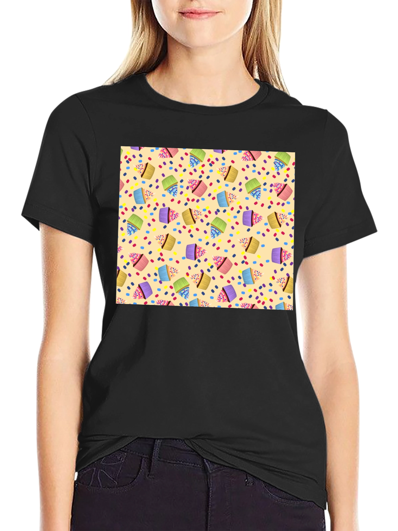 Cupcake Patterned Black T-Shirt