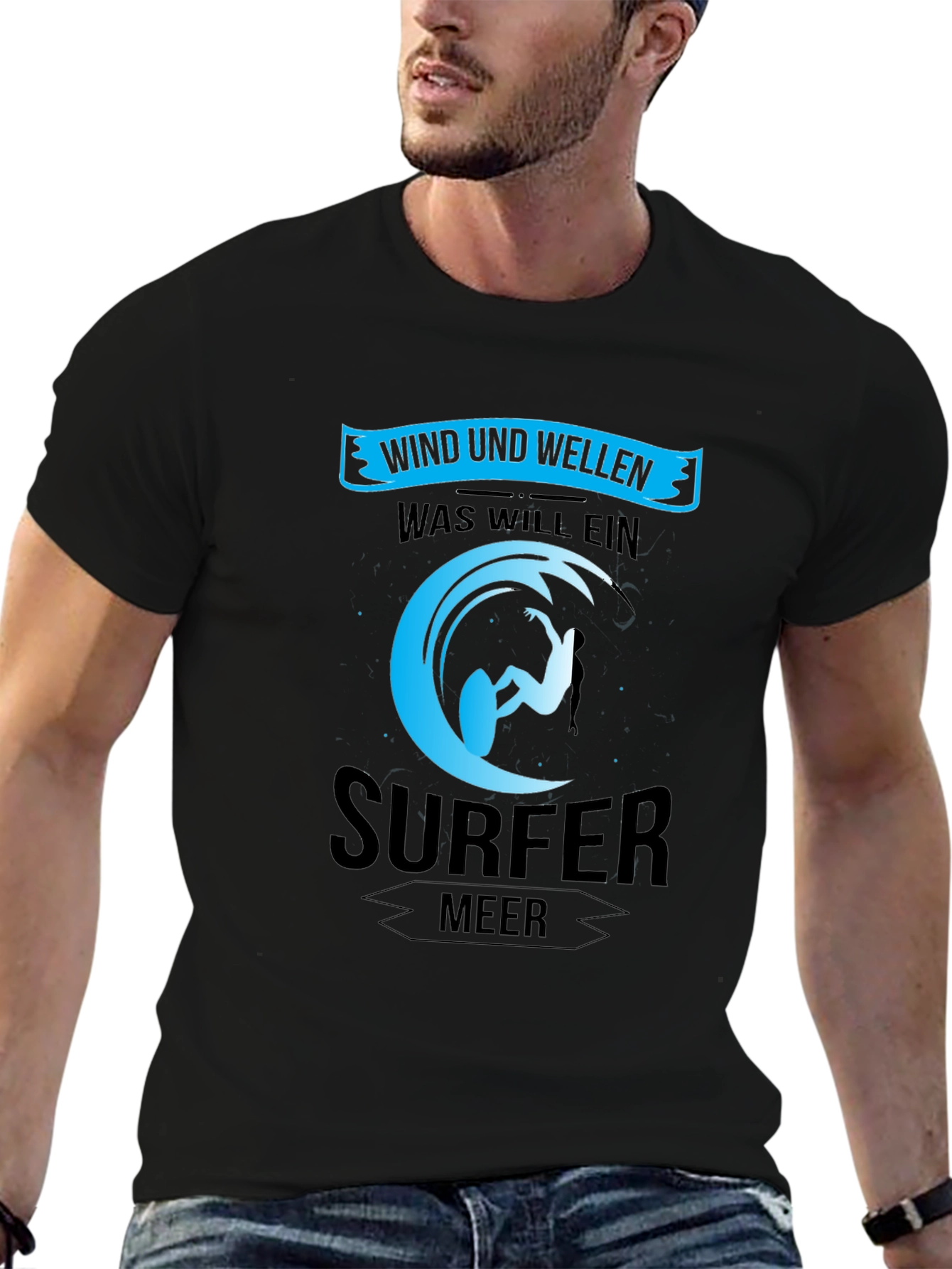Surfer Black T-Shirt: Wind und Wellen Design