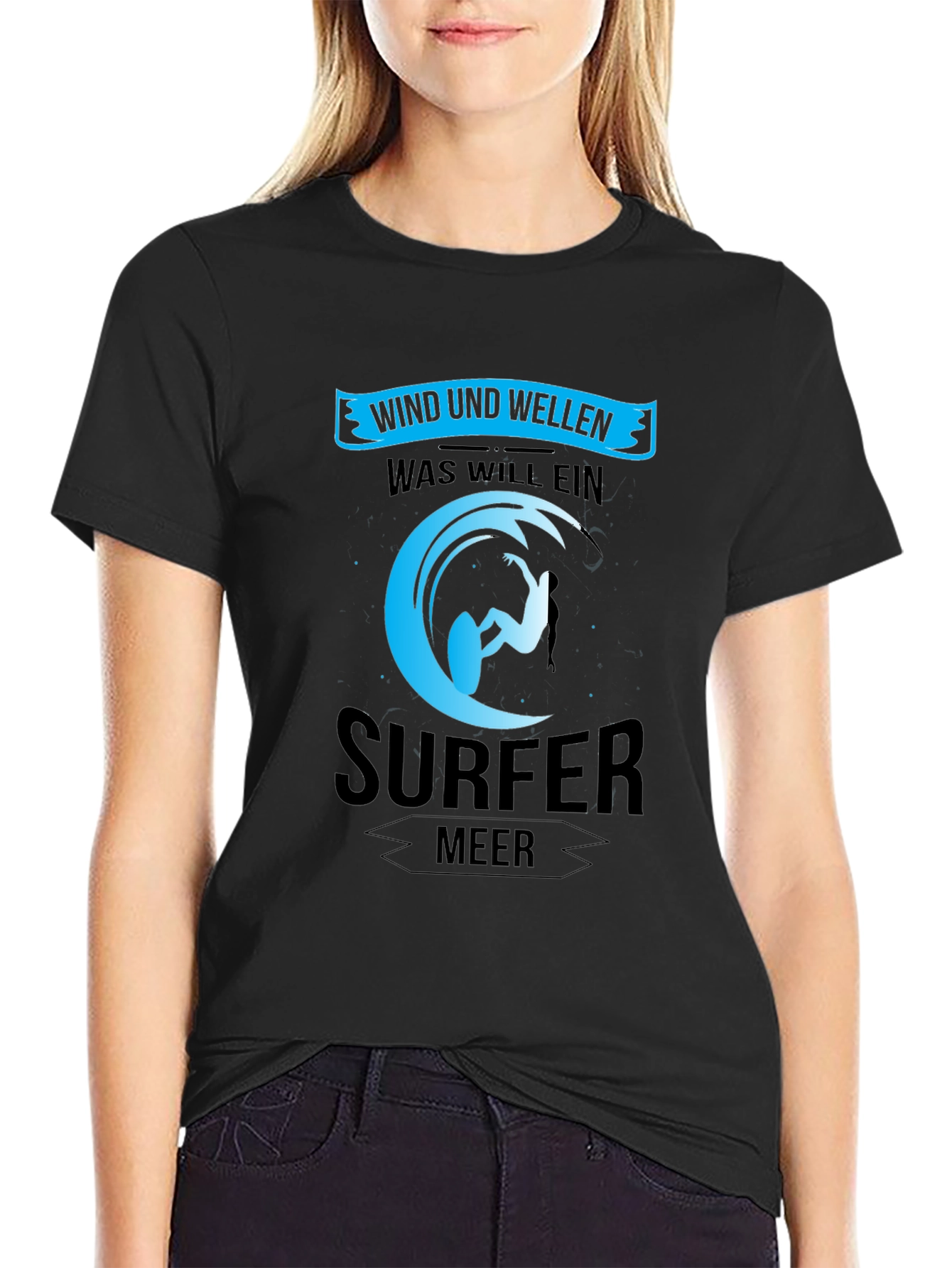 Surfer Black T-Shirt: Wind und Wellen Design