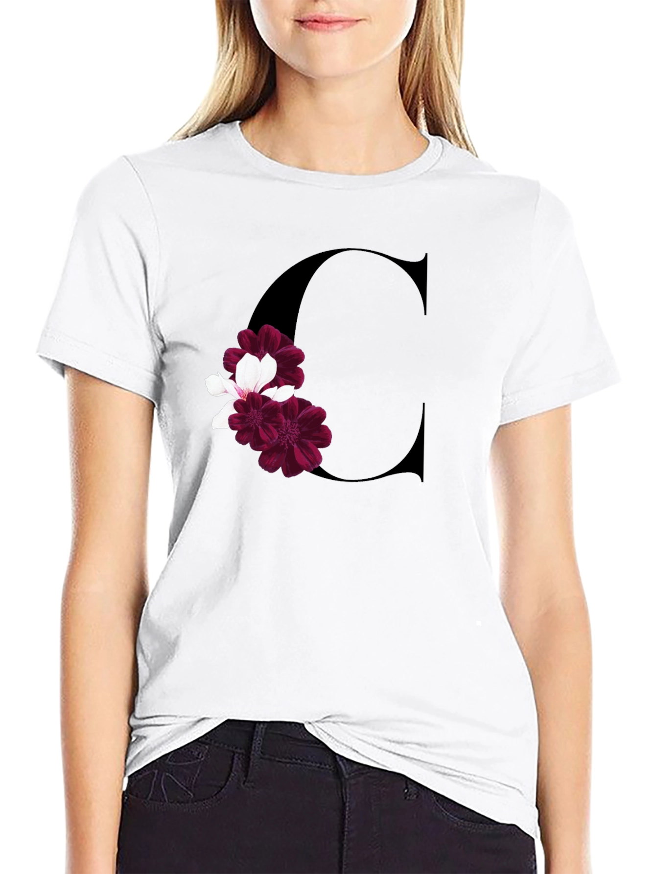 Letter C Floral Print Black T-Shirt