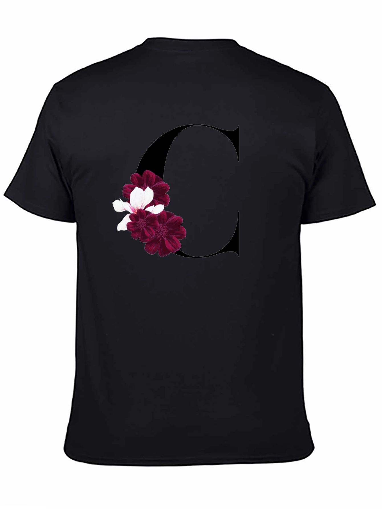 Letter C Floral Print Black T-Shirt