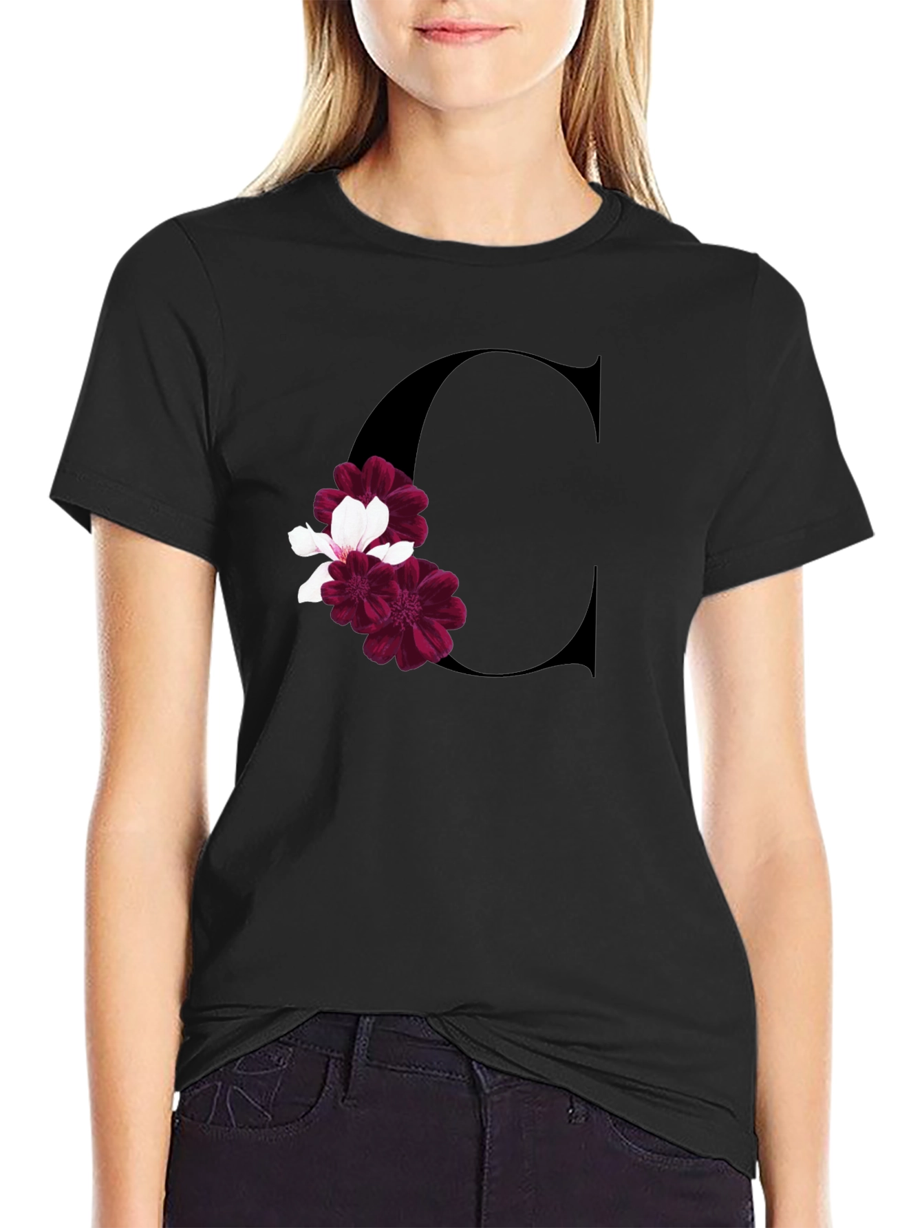 Letter C Floral Print Black T-Shirt