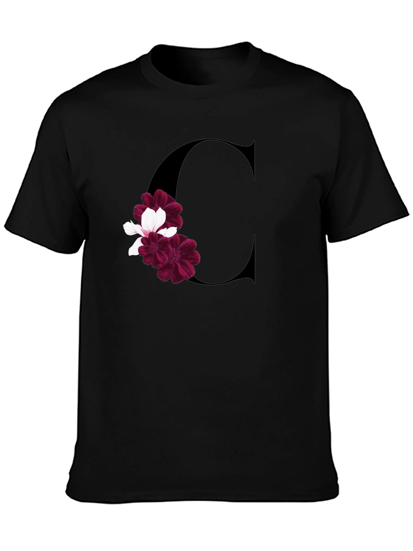 Letter C Floral Print Black T-Shirt