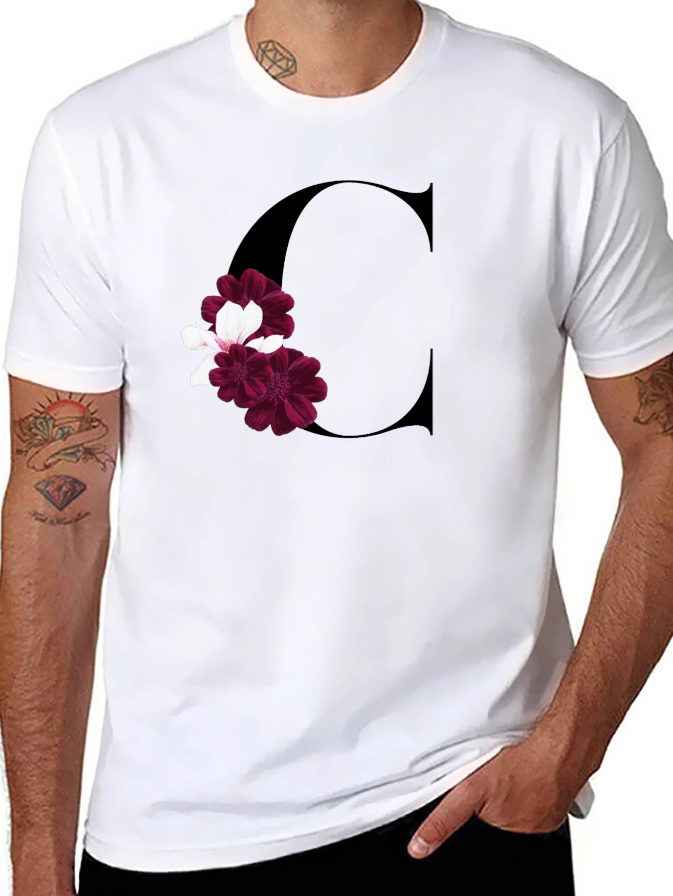 Letter C Floral Print Black T-Shirt