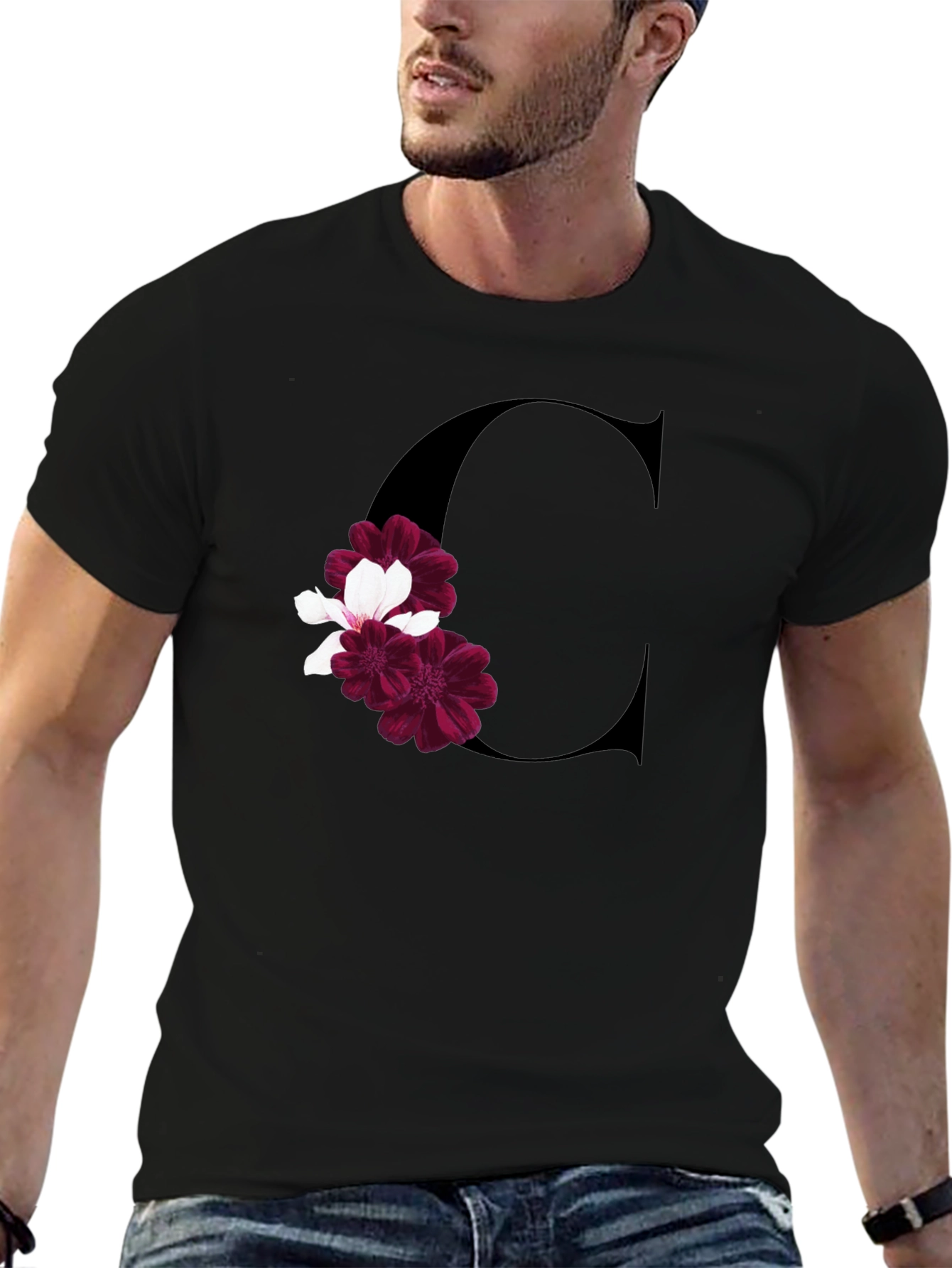 Letter C Floral Print Black T-Shirt