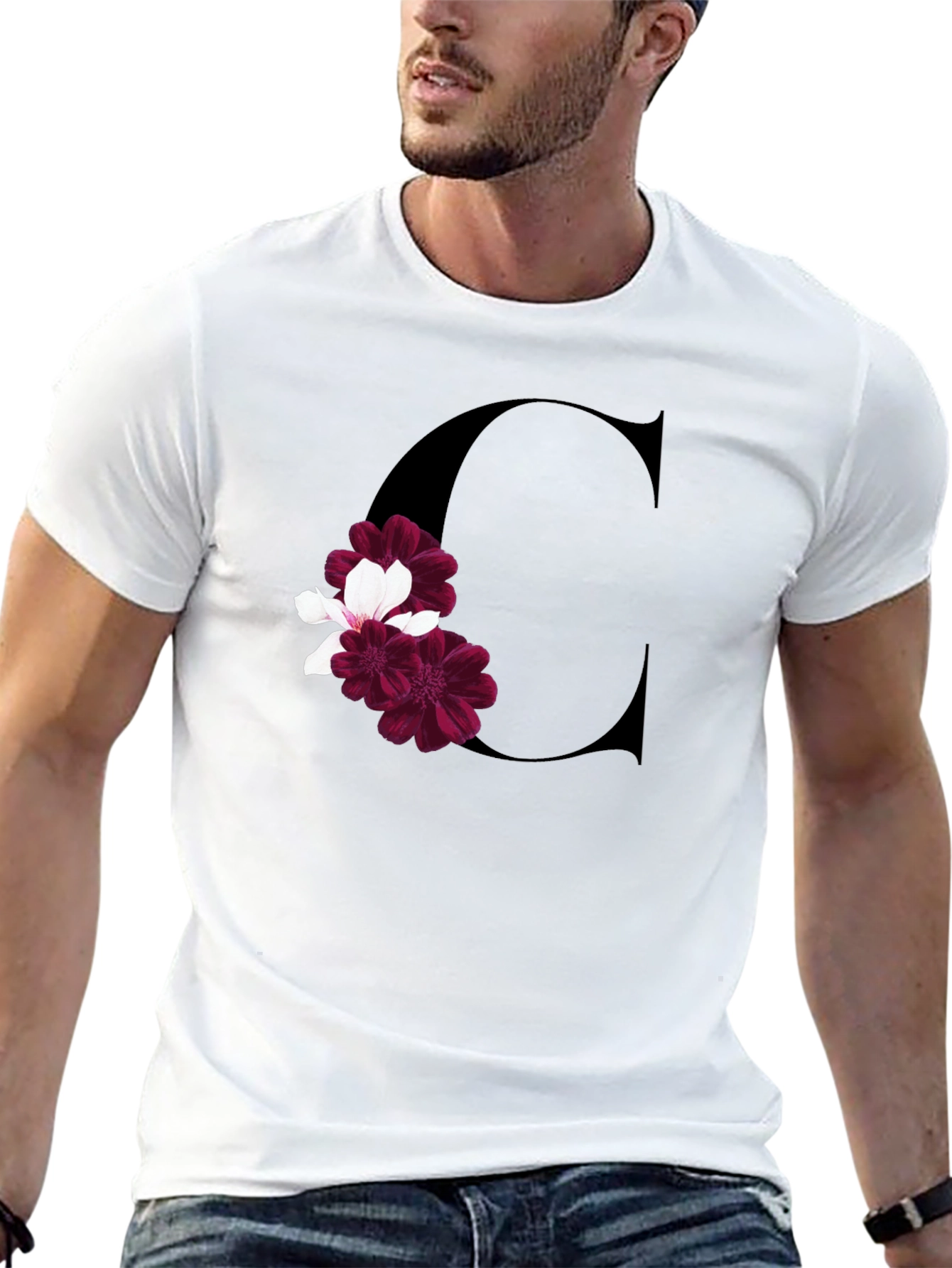 Letter C Floral Print Black T-Shirt