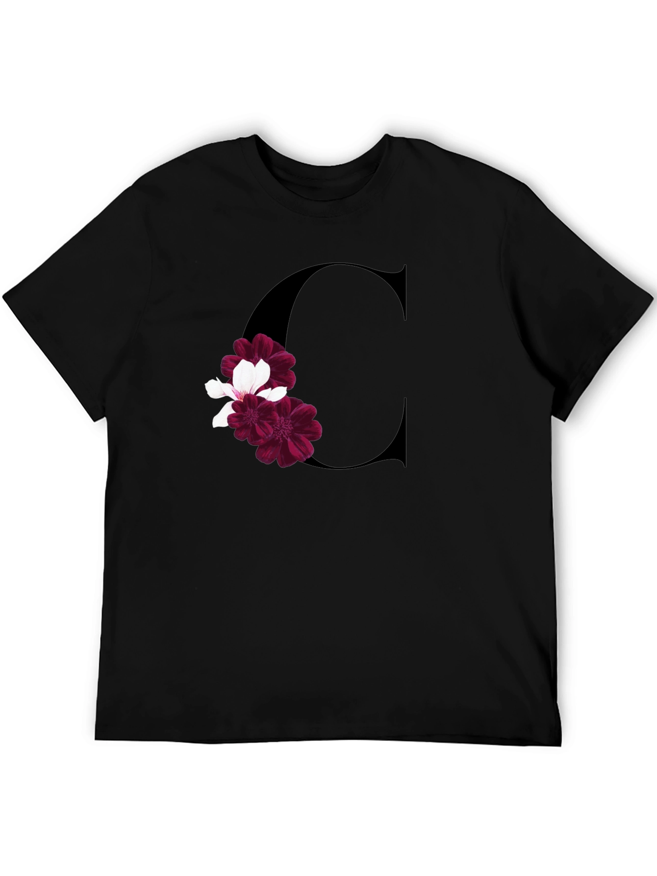 Letter C Floral Print Black T-Shirt