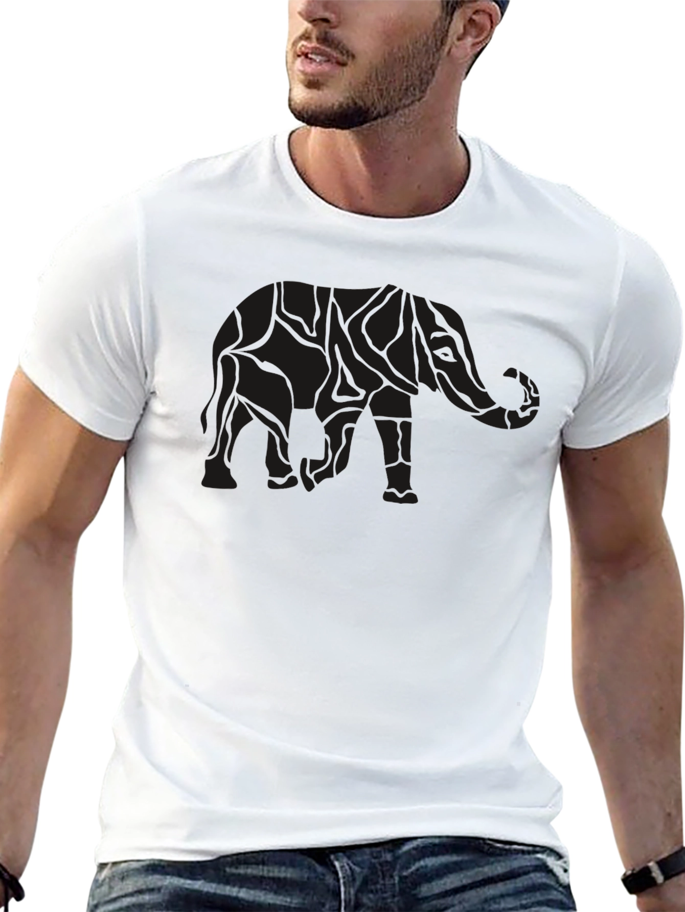 Mens Black Elephant Print Crew Neck T-Shirt