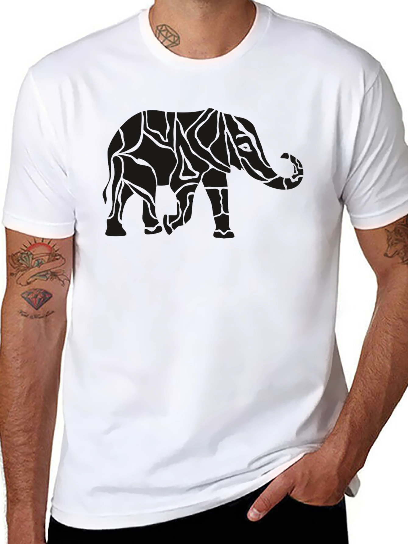 Mens Black Elephant Print Crew Neck T-Shirt