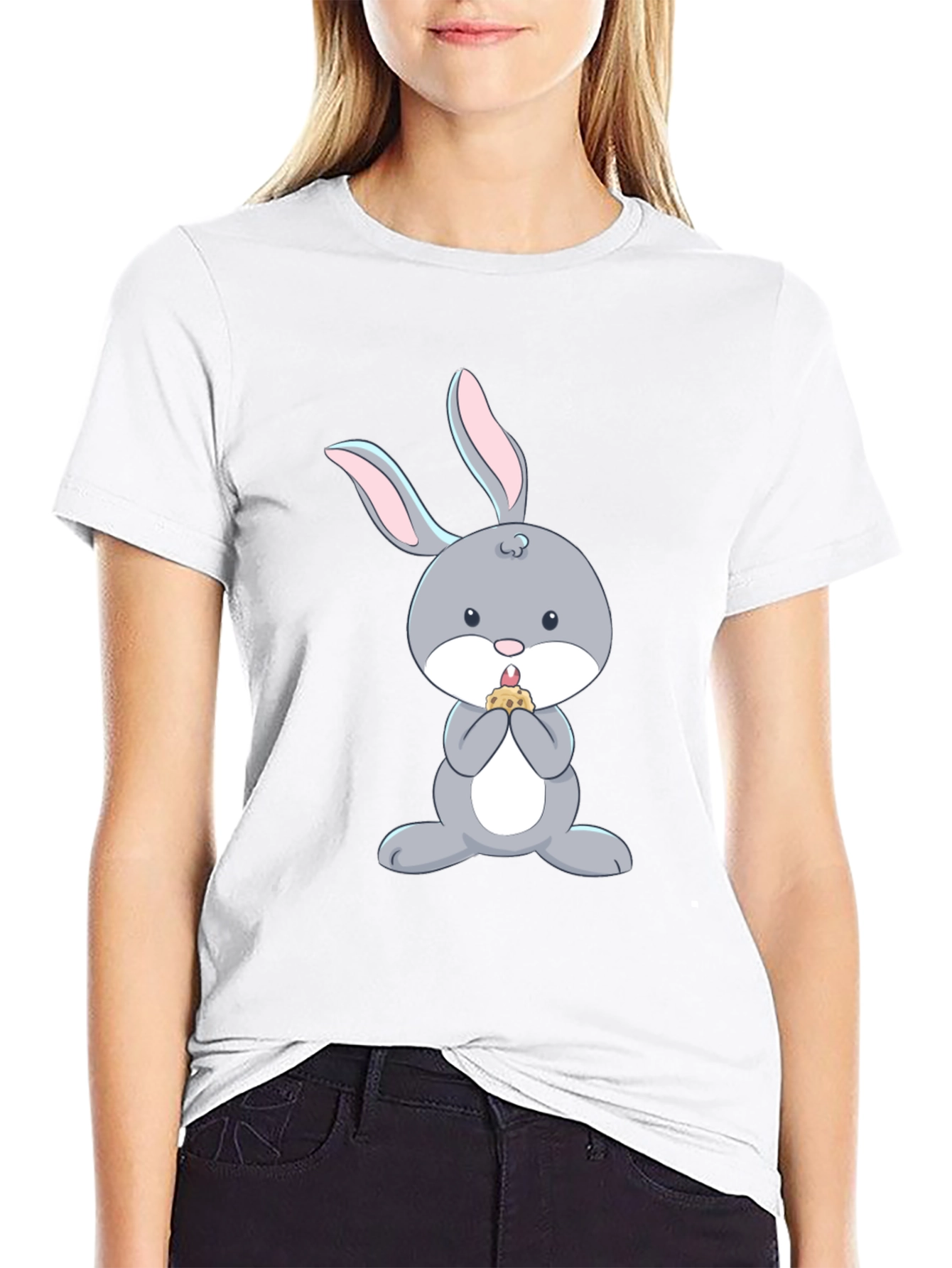 Cute Bunny Eating T-Shirt - Black Cotton Tee