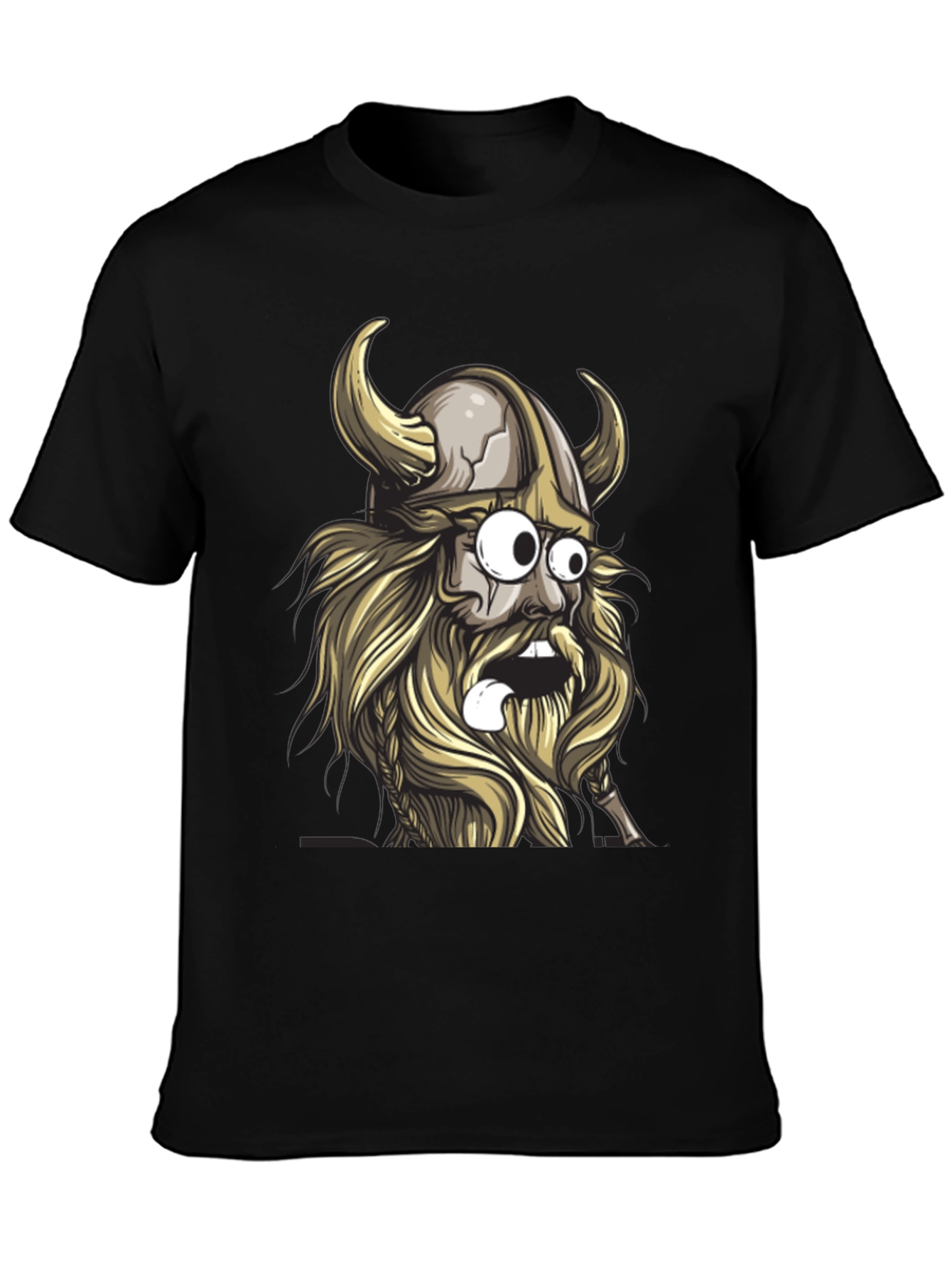 Cartoon Viking Graphic Tee - Black Cotton