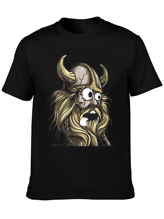 Cartoon Viking Graphic Tee - Black Cotton