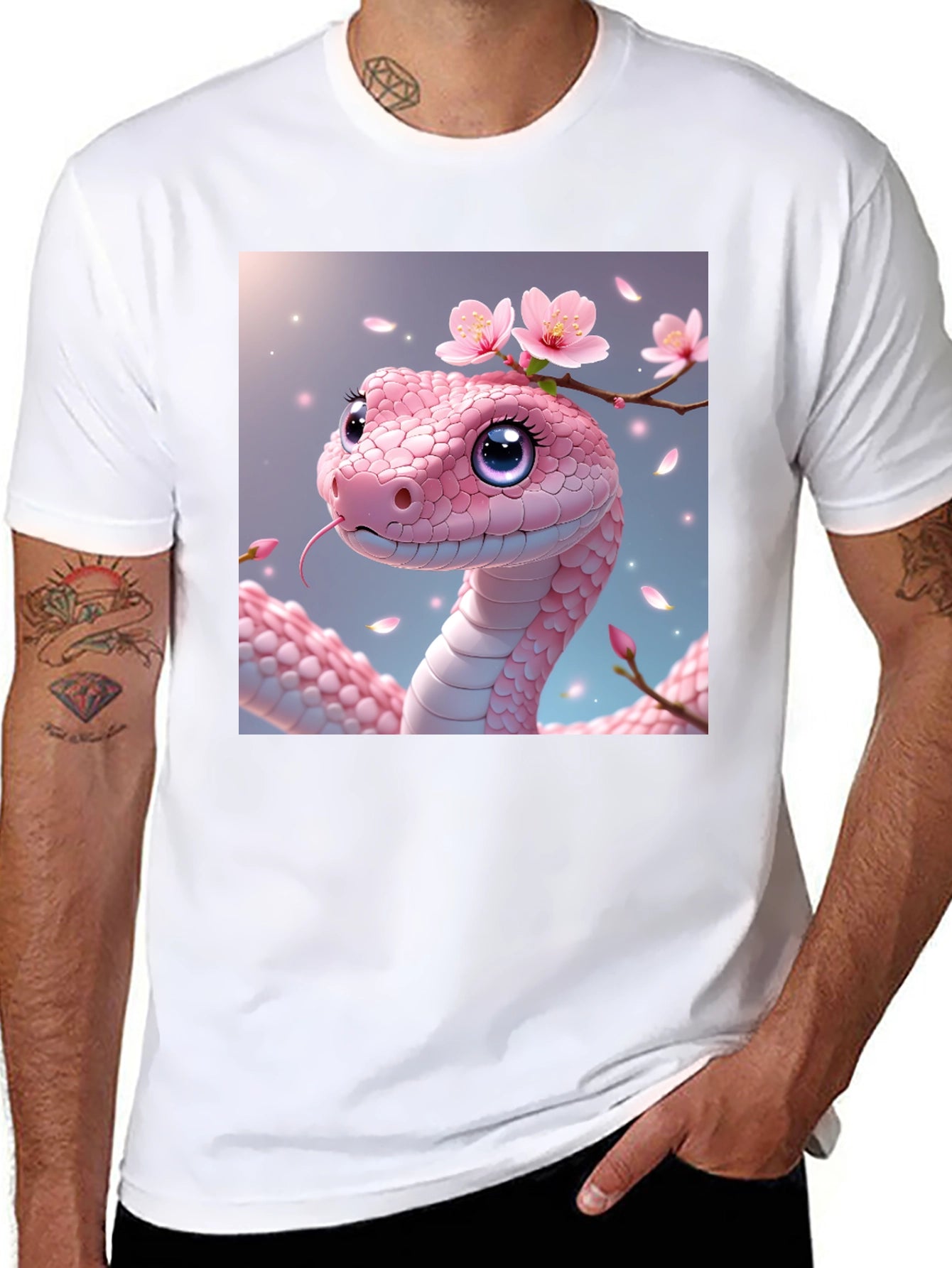 Pink Snake with Flowers Graphic T-Shirt