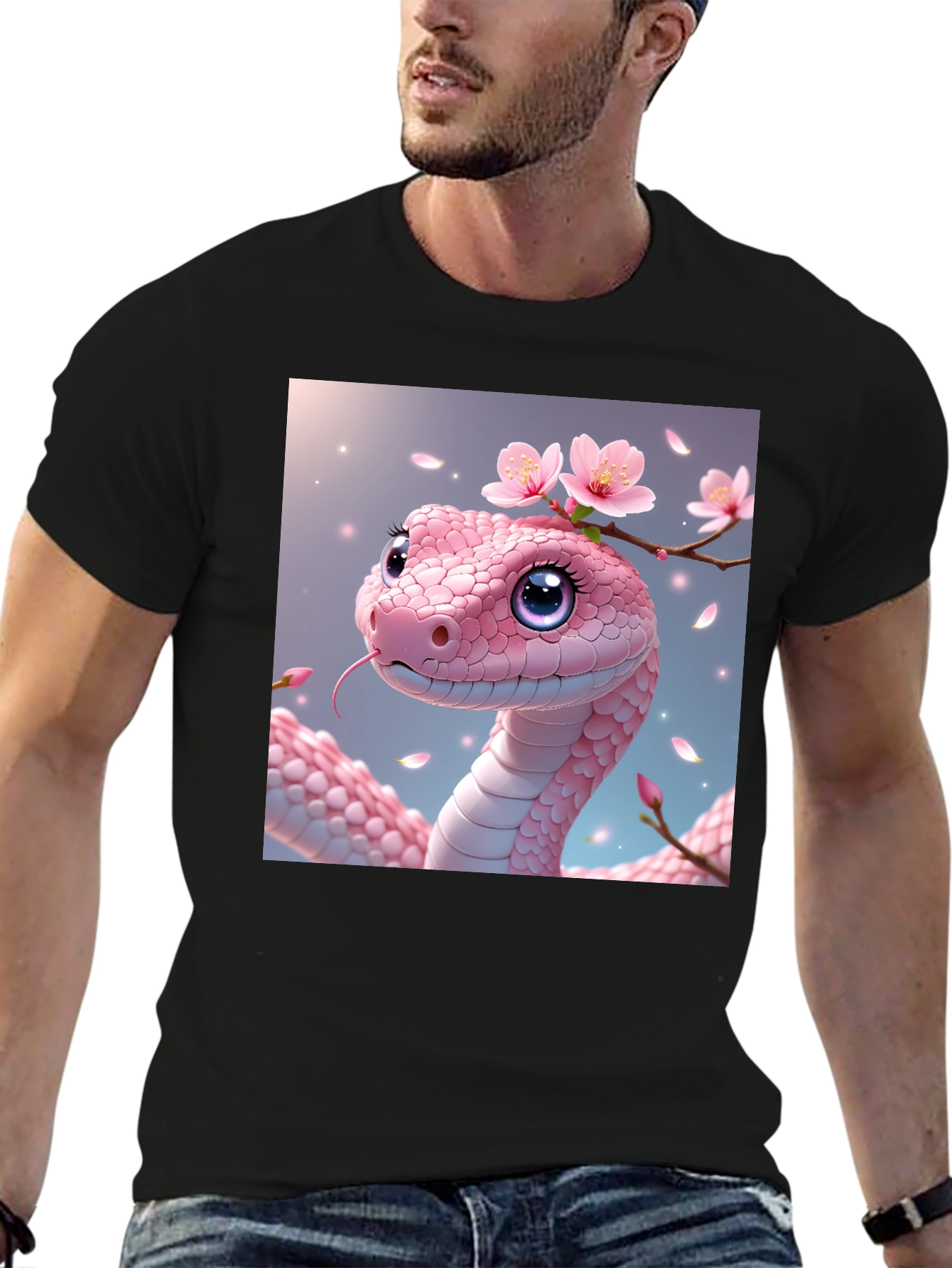 Pink Snake with Flowers Graphic T-Shirt