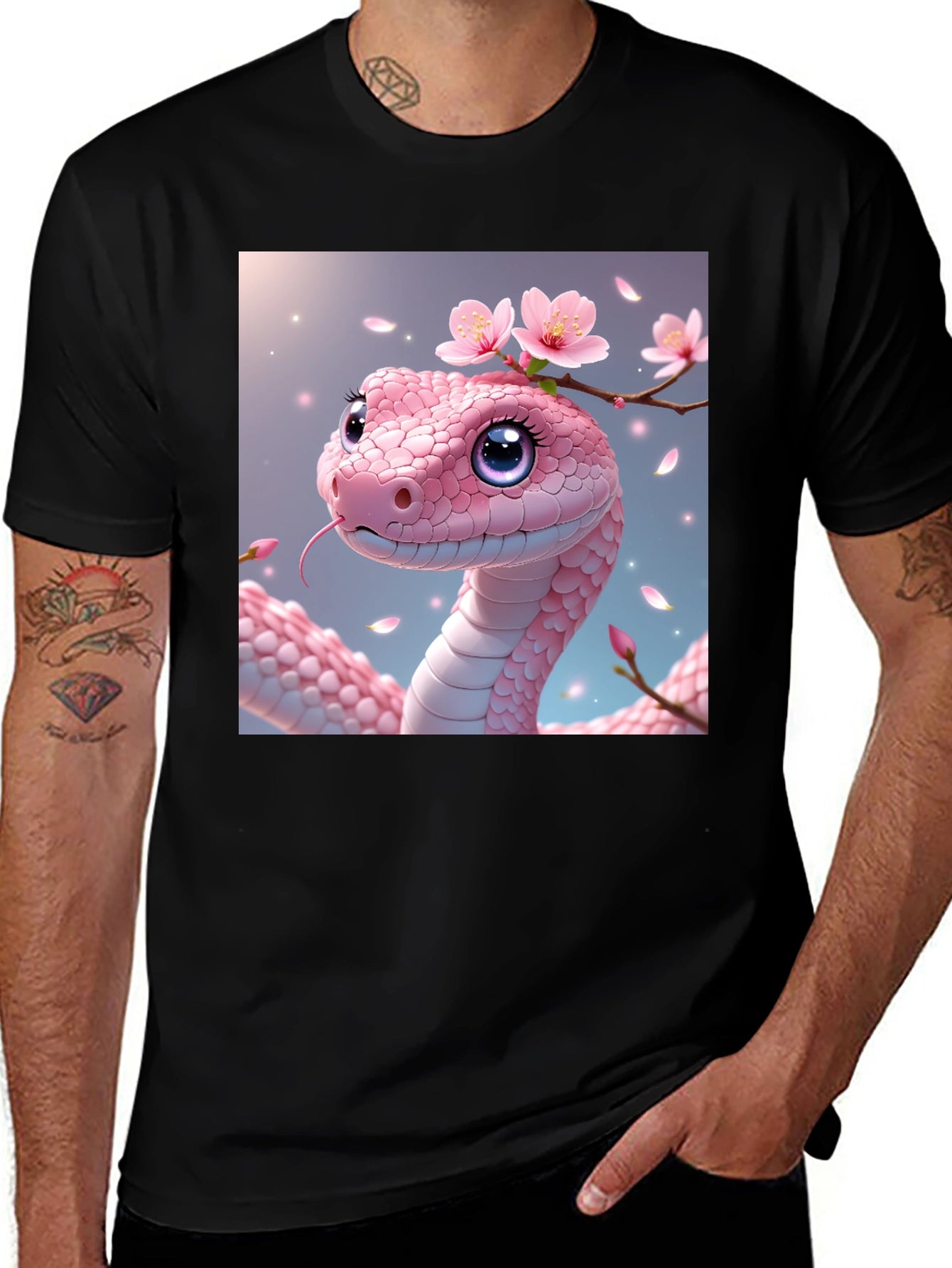 Pink Snake with Flowers Graphic T-Shirt