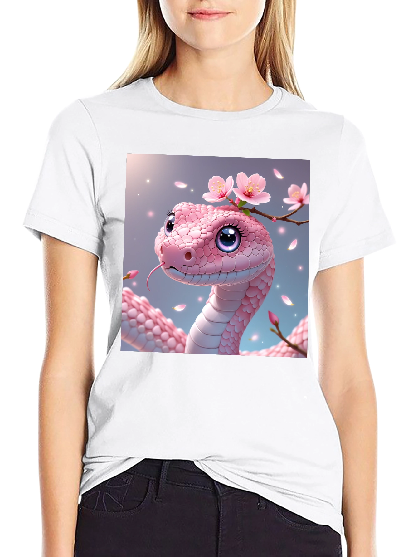 Pink Snake with Flowers Graphic T-Shirt
