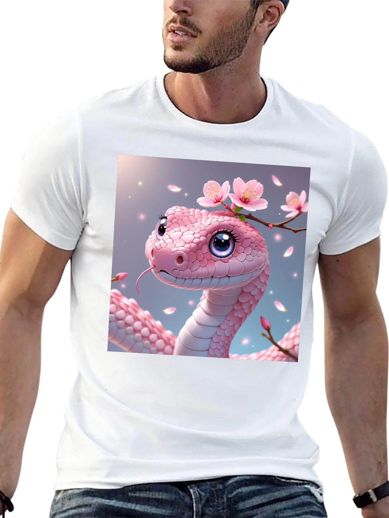 Pink Snake with Flowers Graphic T-Shirt