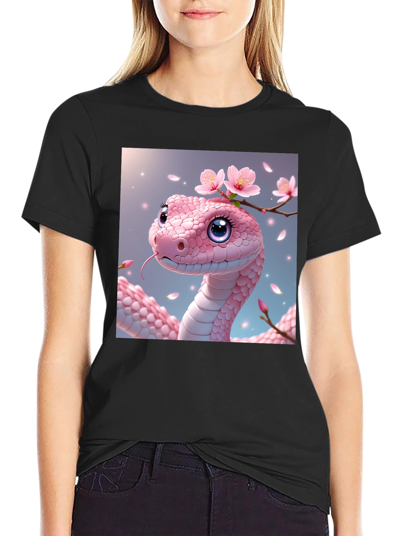 Pink Snake with Flowers Graphic T-Shirt