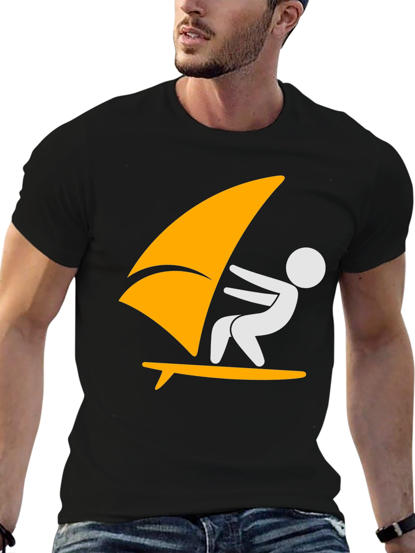 Windsurfing Graphic Tee - Black Cotton T-Shirt