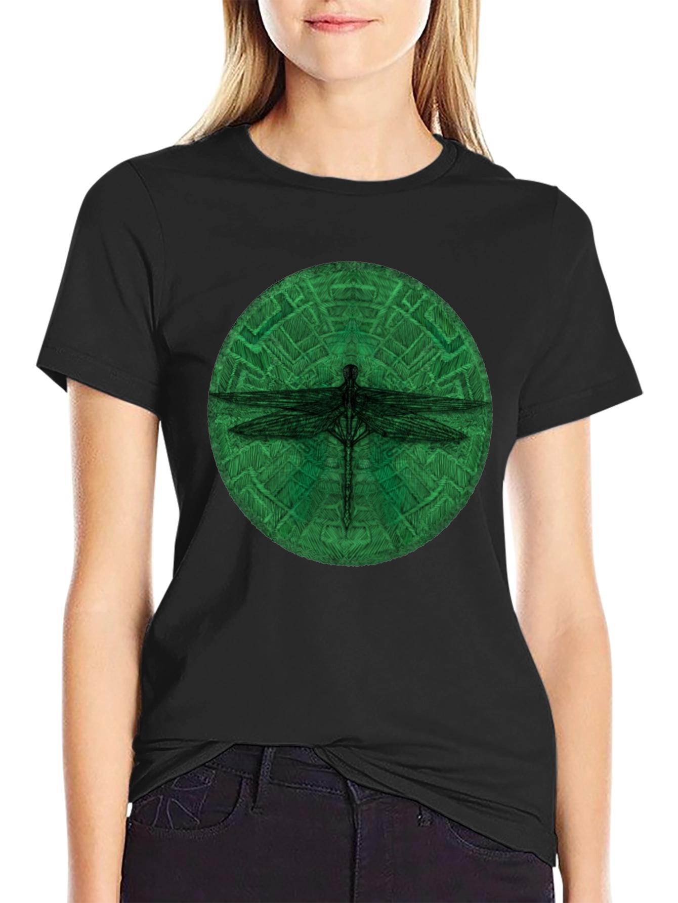 Dragonfly Green Circle Black T-Shirt