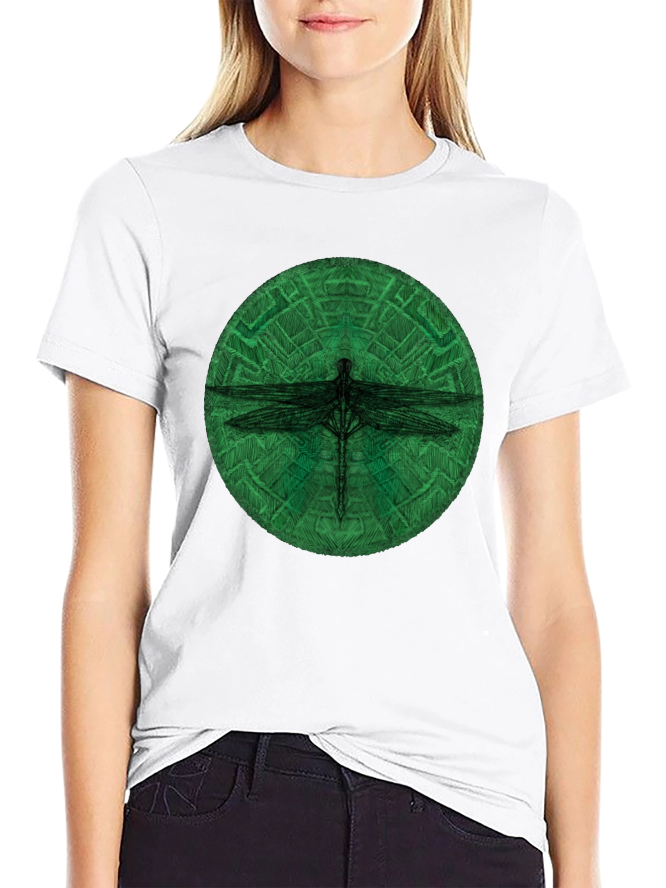Dragonfly Green Circle Black T-Shirt